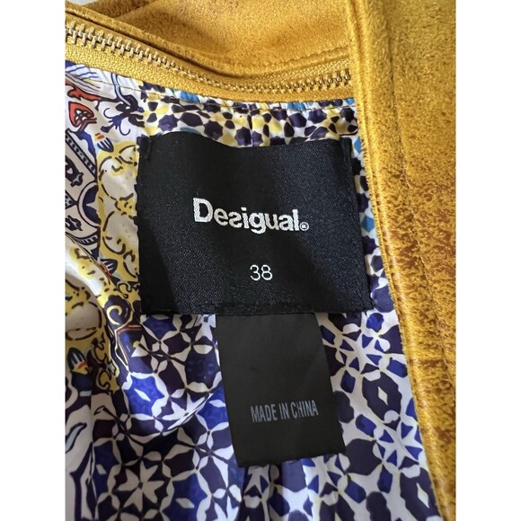 Desigual Moto Jacket Womens 38 M Mustard Yellow Faux Suede Embroidered Mandala - Picture 3 of 13